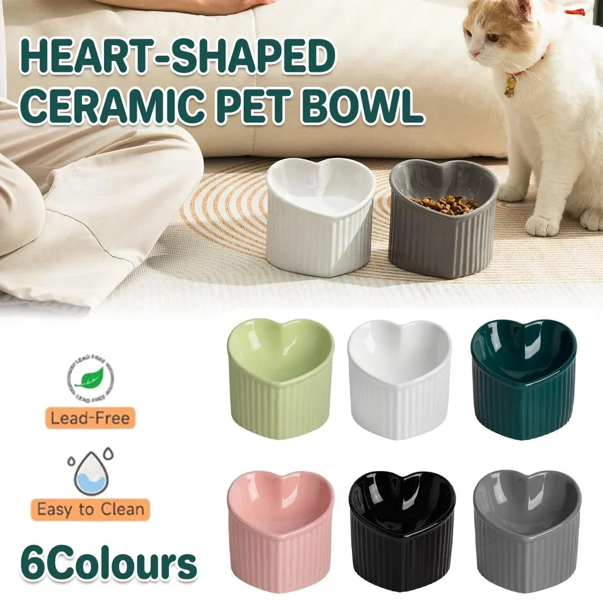 Love Shape Slanted Cat Bowl Ceramic Pet Bowl for Cats Food Water Feeding Dish - Black image 14