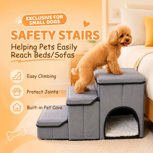 3-in-1 Pet Stairs with Built-in Pet Bed and Storage Compartments, Grey