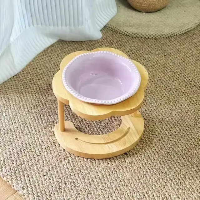 Ceramic Pet Feeder with Wood Stand
