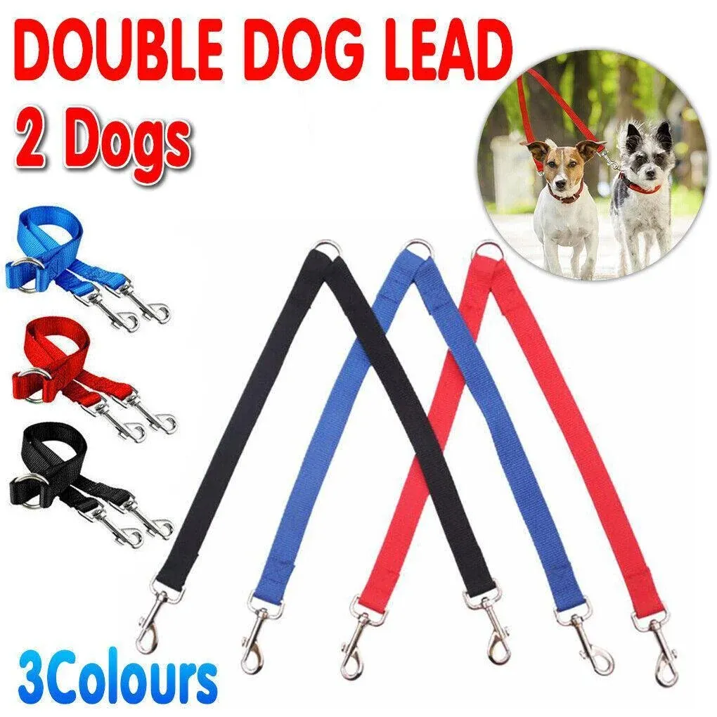 2 Way Double Dual Dog Leash Walk 2 Dogs With One Lead Coupler Nylon Harness - Blue image 2
