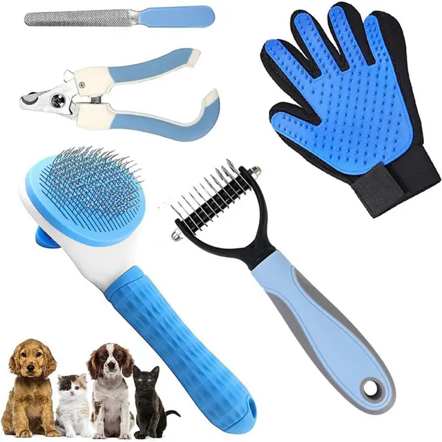 5-in-1 Pet Grooming Kit Blue - Stainless Steel Deshedding Rake