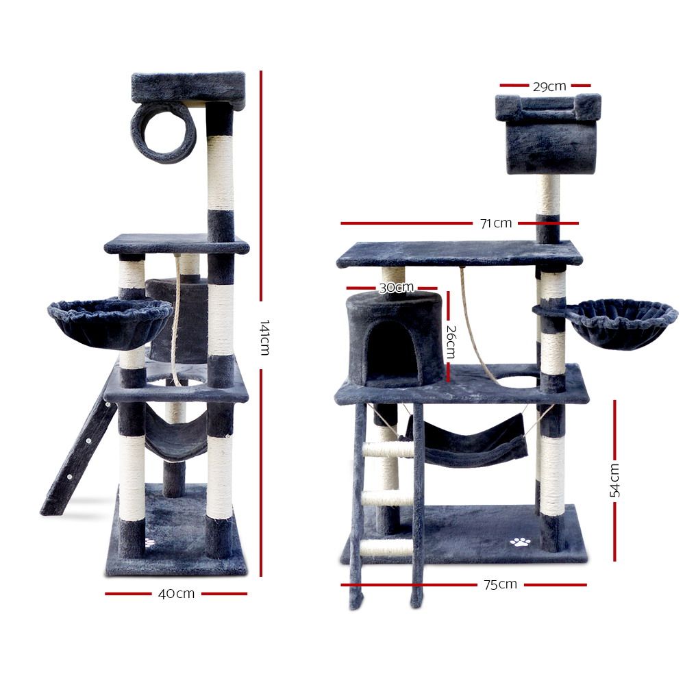 i.Pet Cat Tree 141cm Tower Scratching Post Scratcher Condo Wood House Bed Grey image 2