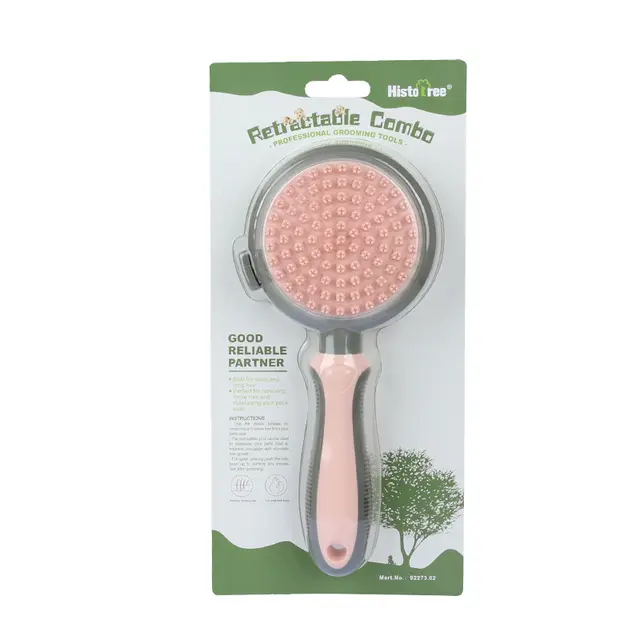 Pink And Grey Dual-Sided Pet Grooming Brush - Self-Cleaning Slicker & Gentle Massage…