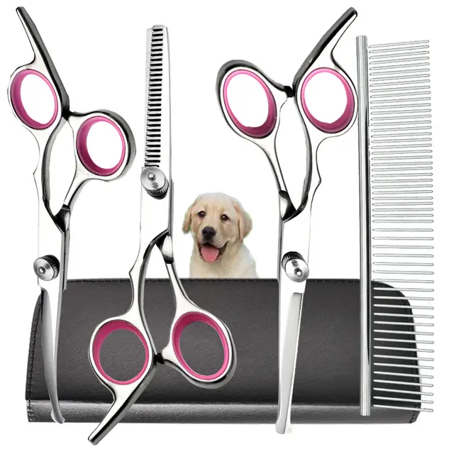 Pink and Silver Complete 5-Piece Pet Grooming Scissors Kit - Stainless Steel Straight