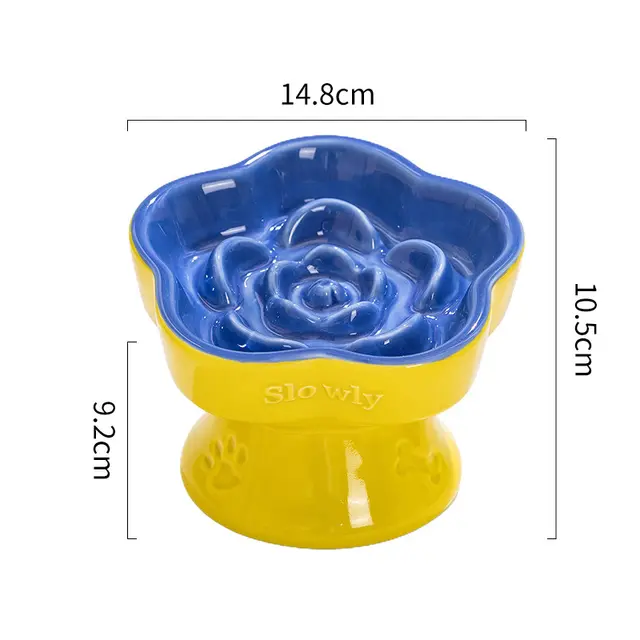 Yellow and Blue Ceramic Slow Feeder Pet Bowl for Cats and Small Dogs - Anti-Choke…