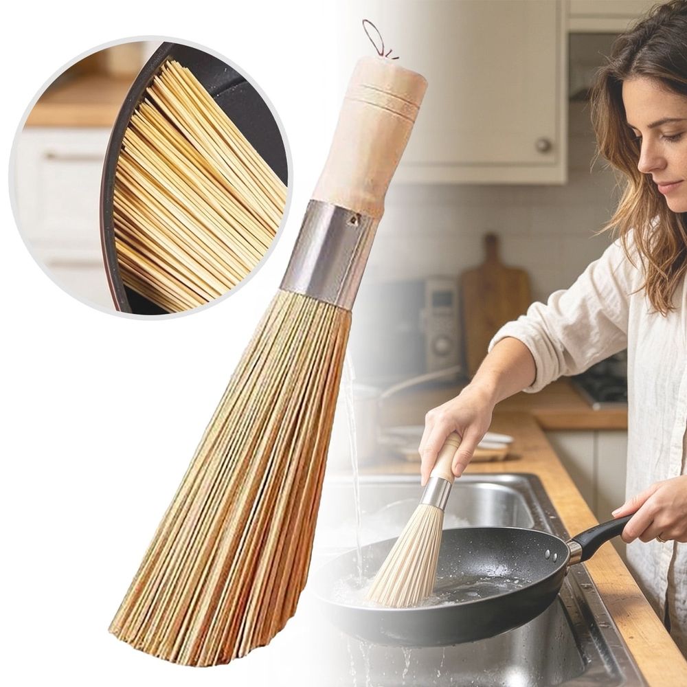 Beige Wood Traditional Angled Wok Brush, 25 × 3cm image 2