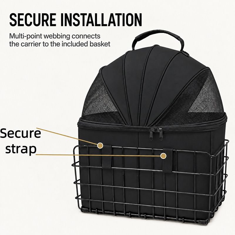 Foldable Bicycle Rear Rack Pet Carrier Bag with Metal Wire Basket, Black image 4