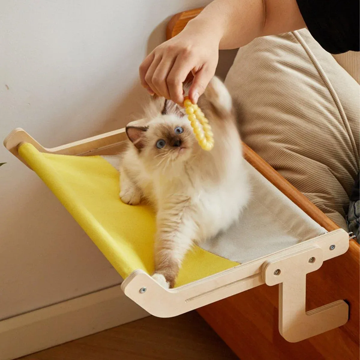 Window Hanging Cat Hammock Solid Wood Sun Bed Nest for All Seasons Durable - Grey+Yellow image 12