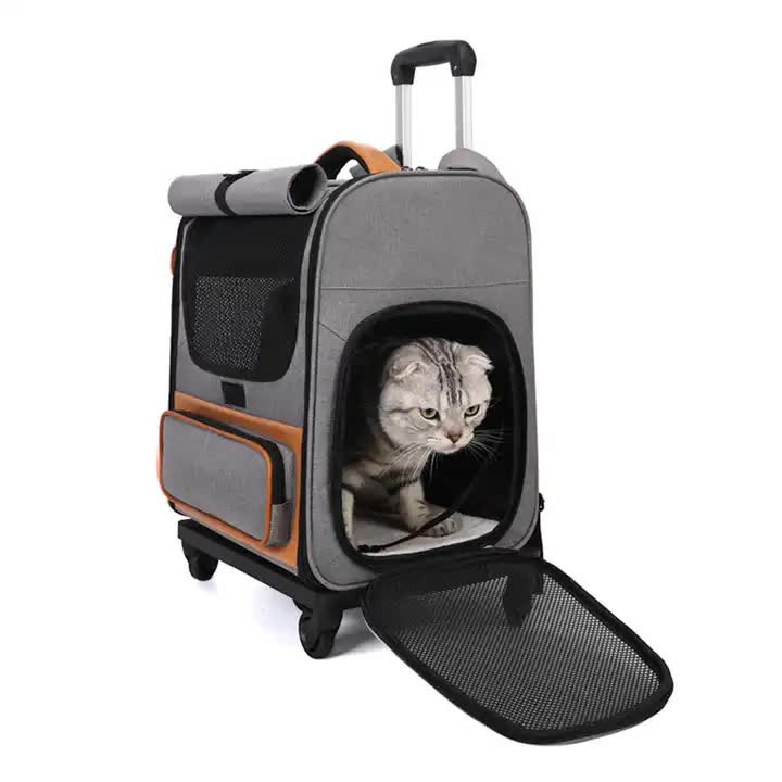 Grey Large Capacity Breathable Foldable Pet Trolley – Travel Cat Carrier with Wheels… image 5
