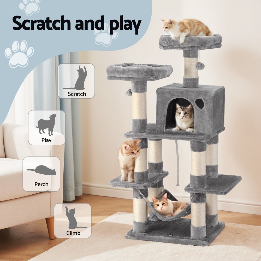 i.Pet Cat Tree 145cm Tower Scratching Post Trees Scratcher Condo House Light Grey image 4
