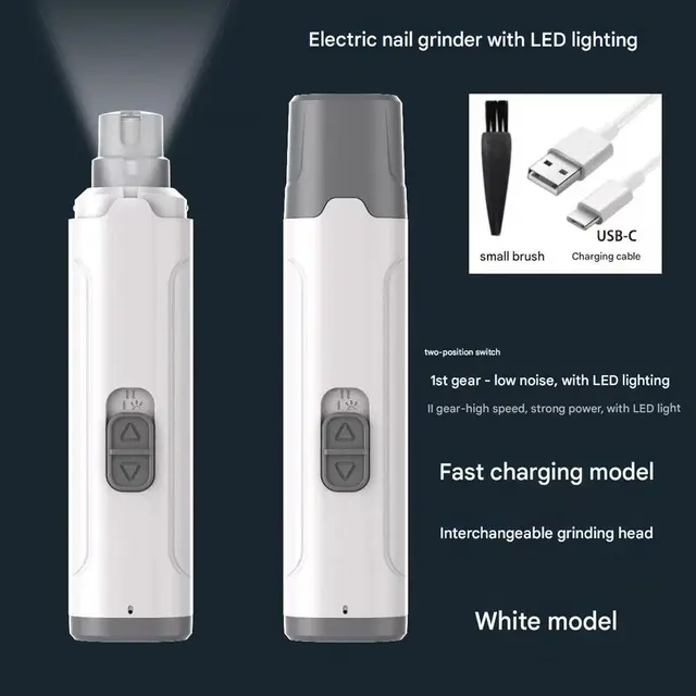 White Quiet Electric Pet Nail Grinder with LED Light - 2-Speed USB-C Rechargeable…
