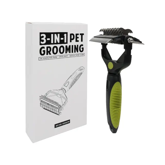 Green and Black Professional 3-in-1 Pet Grooming Tool - Dematting Rake