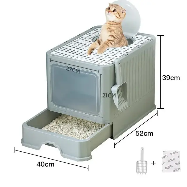 Top-Entry Cat Litter Box with Drawer - Enclosed Design, Grey