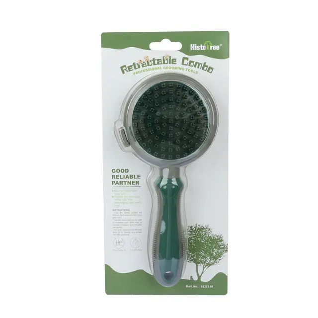Green And Grey Dual-Sided Pet Grooming Brush - Self-Cleaning Slicker & Gentle Massage…