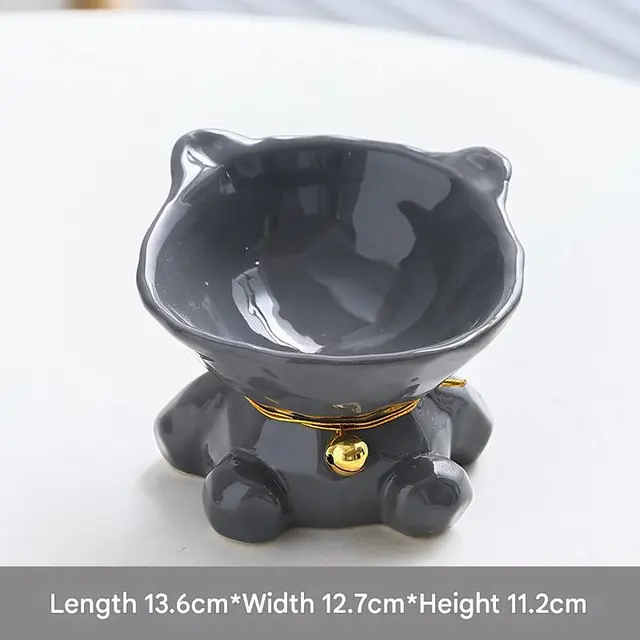 Gray Cute Ceramic Cat Bowl - Pet Feeder for Feeding and Drinking