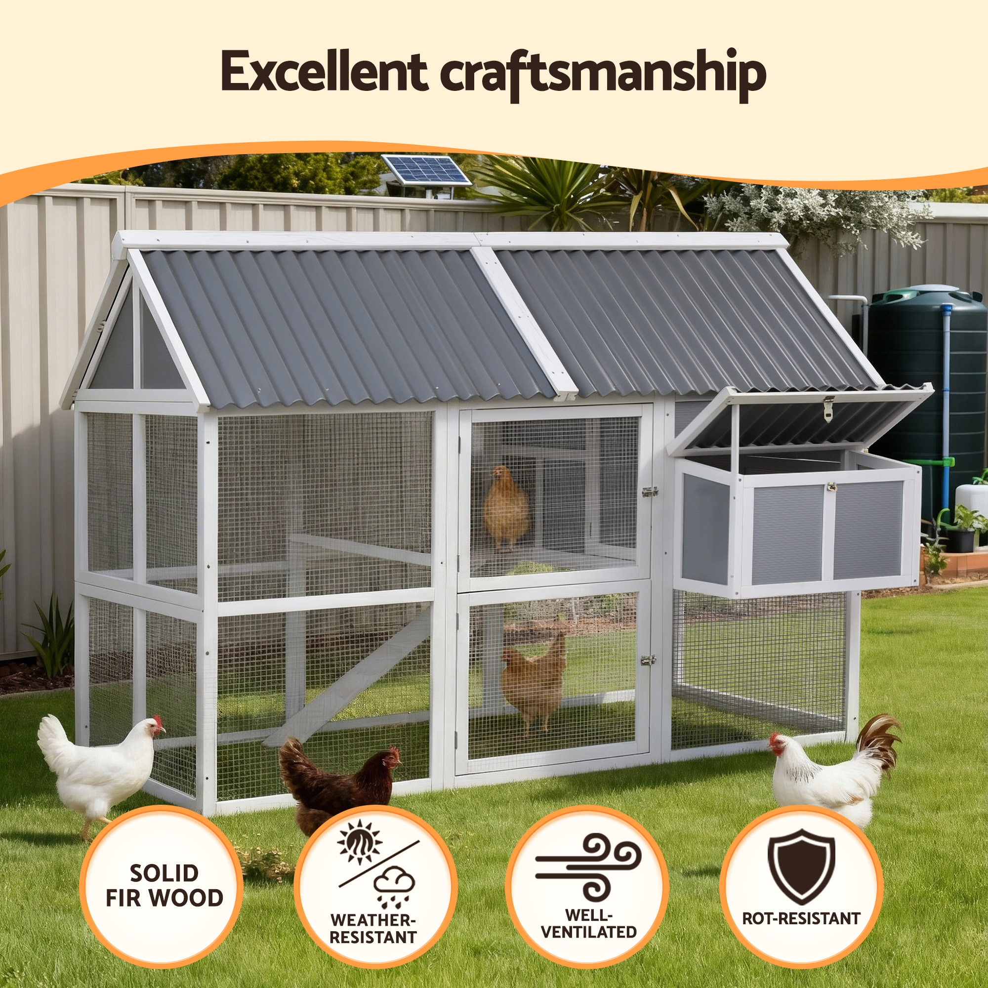 i.Pet Chicken Coop Large Outdoor Rabbit Hutch Chook House Hatch Box With Run Grey White image 4
