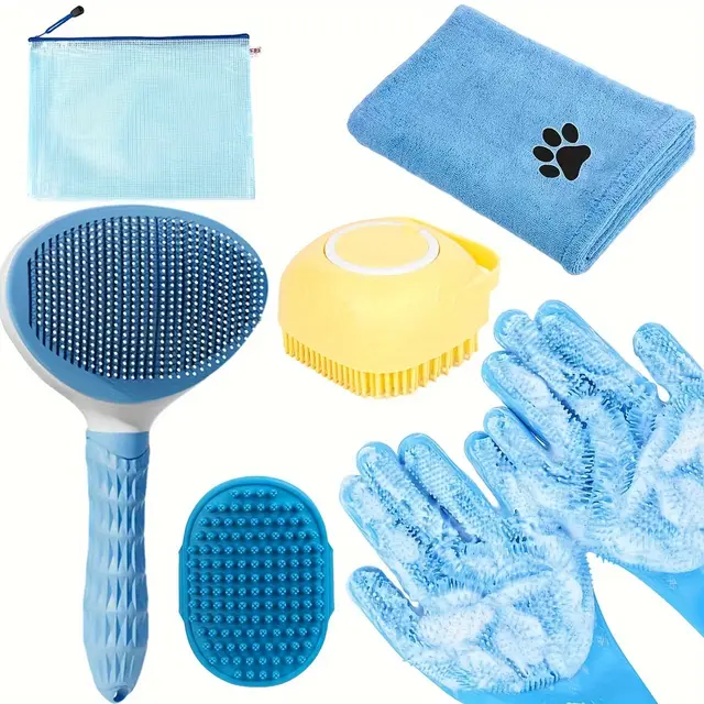 Blue 6-Piece Dog Grooming Bath Set - Absorbent Microfiber Towels & Wash Mitts for…