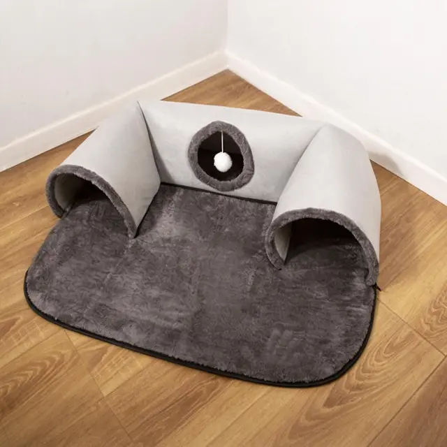 Plush Cat Play Cave Tunnel Mat Hanging Ball Toy Washable Grey M 70x85cm…, 70 × 85cm