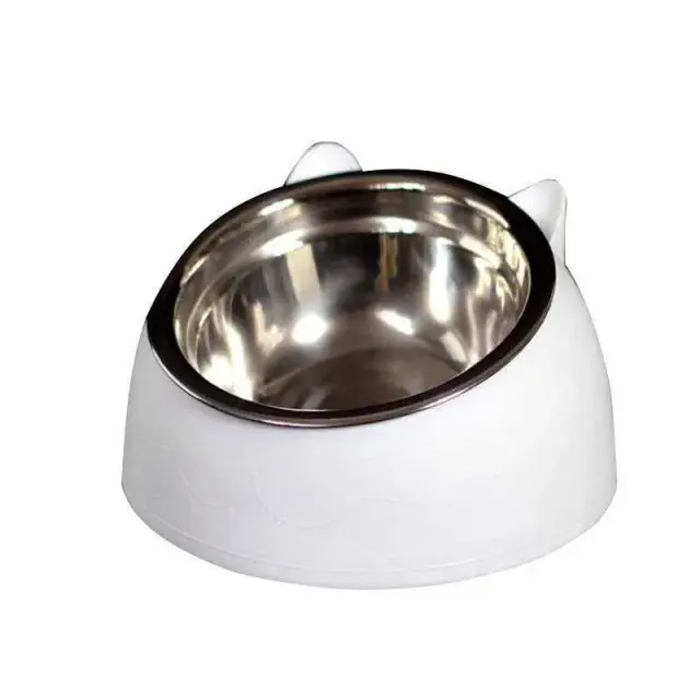 Pet Dog Cat Food Bowl Raised No Slip Stainless Steel Tilted Water Food Feeder - White