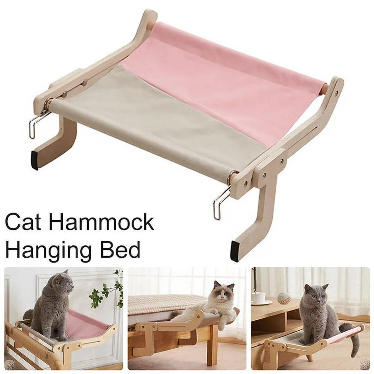 Window Hanging Cat Hammock Solid Wood Sun Bed Nest for All Seasons Durable - Grey+Yellow image 14