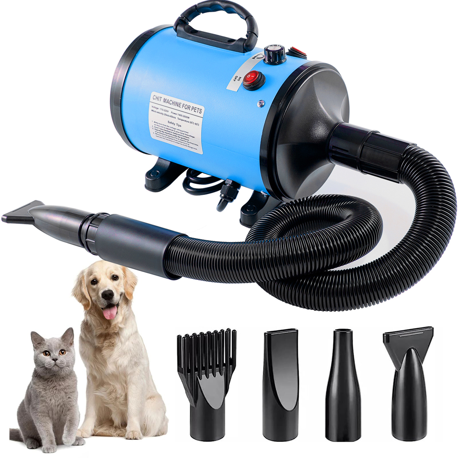 Pet Hair Dryer with Multiple Nozzles - Powerful and Quiet for Dogs and Cats, Blue