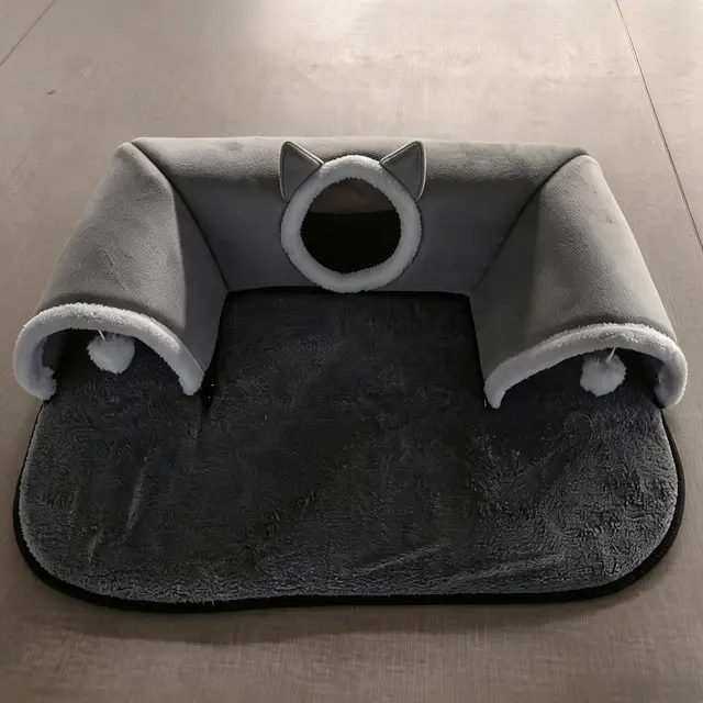 Fleece Arch Cat Tunnel Bed with Pom Ball Peekaboo Nest Detachable Mat Grey…, 70 × 85cm