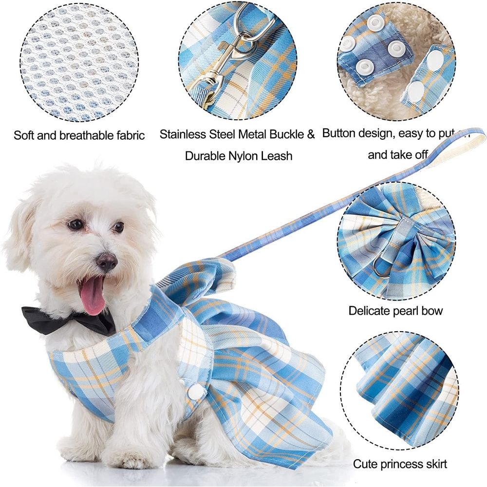 Plaid Dog Dress Harness with Leash Set – Adjustable Doggie Summer Dresses image 3