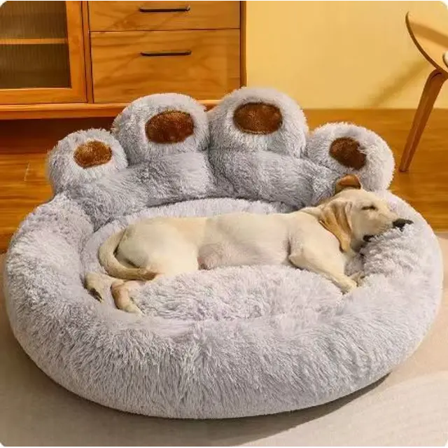Gray 90cm Grey Furry Dog Bed, Round Paw Design Pet Sofa for Medium Large Dogs