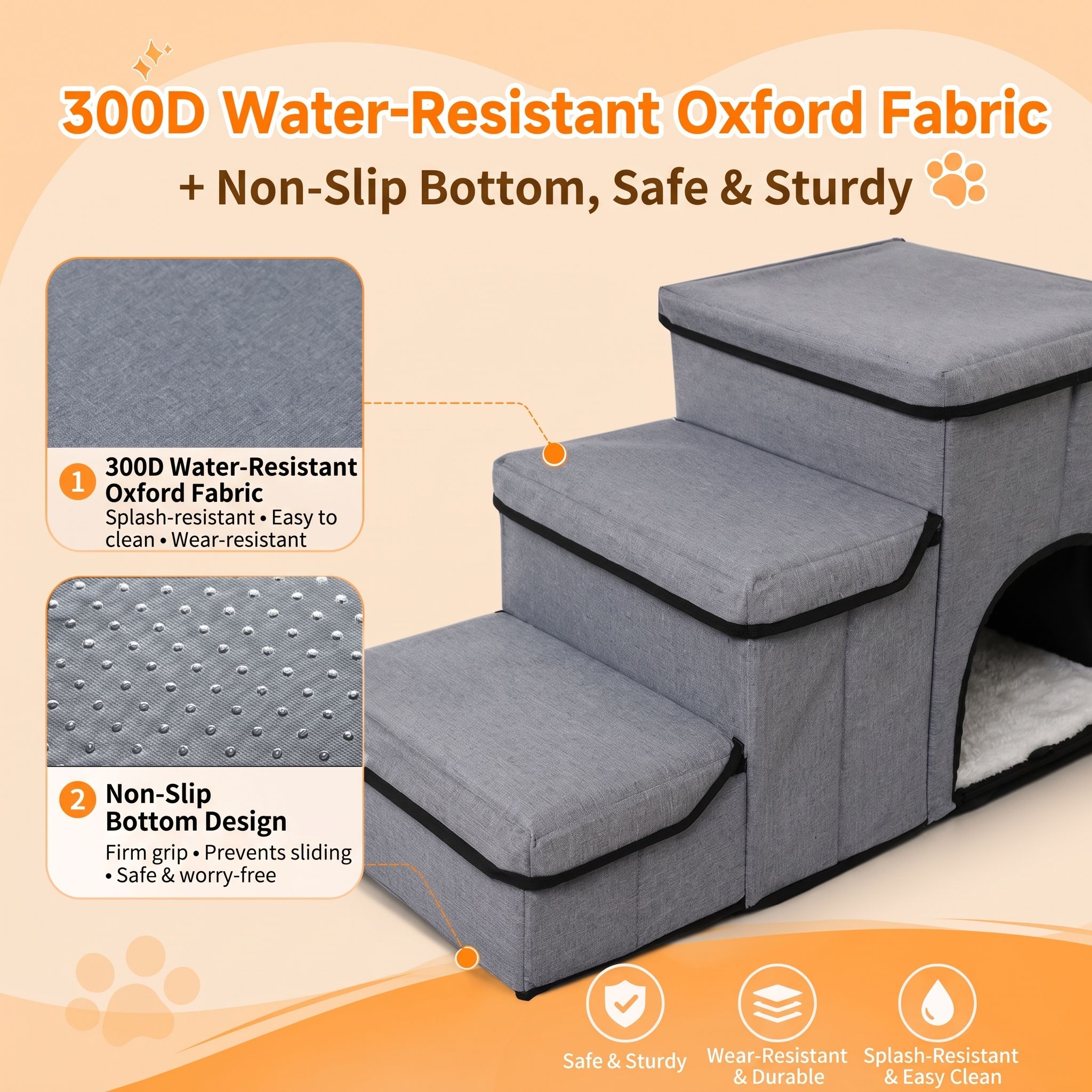 3-in-1 Pet Stairs with Built-in Pet Bed and Storage Compartments, Grey image 3