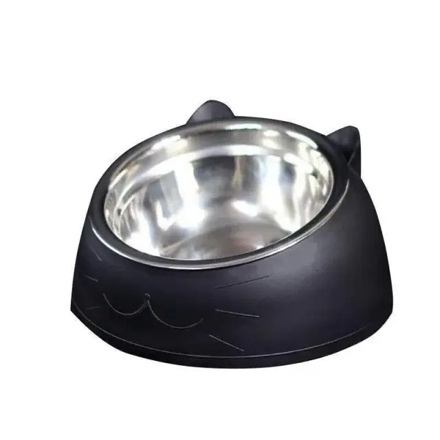 Pet Dog Cat Food Bowl Raised No Slip Stainless Steel Tilted Water Food Feeder - Black