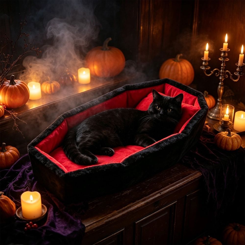 Gothic Cat Bed for Indoor Cats Washable Coffin Cat Bed, Black, 25.6X17.7X3.9In image 4