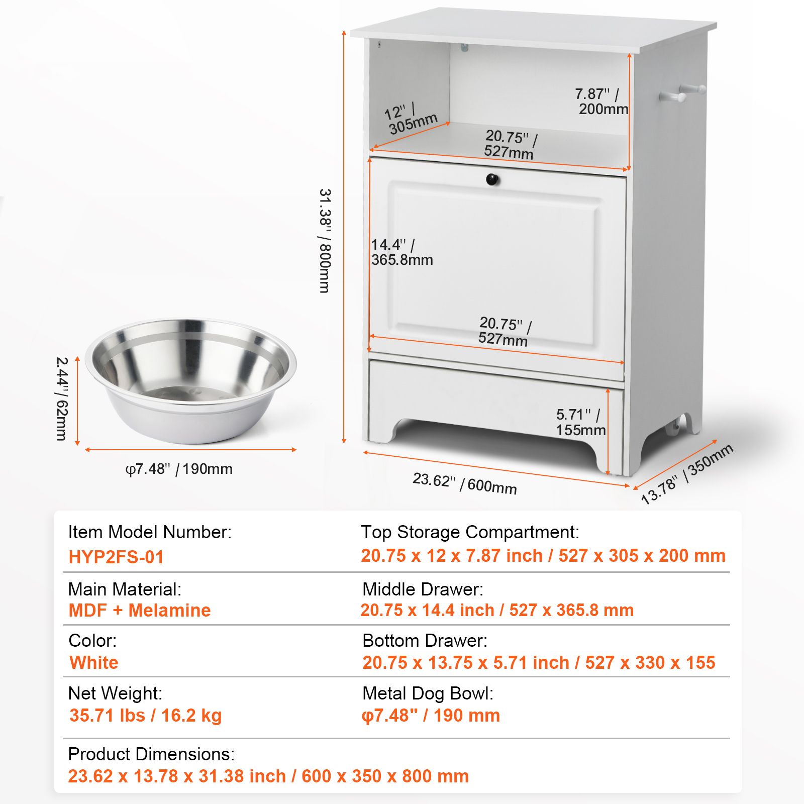 Pet Feeding Station w/ 2 Elevated Dog Bowls Dog Food & Toy Storage Cabinet image 7