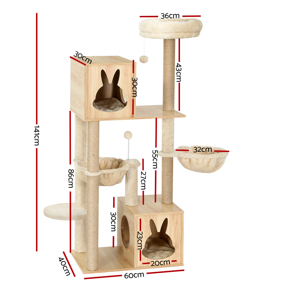 i.Pet Cat Tree 141cm Tower Scratching Post Scratcher Wood Bed Condo Toys House Ladder image 2
