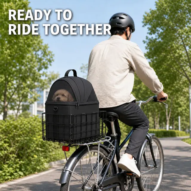 Foldable Bicycle Rear Rack Pet Carrier Bag with Metal Wire Basket, Black