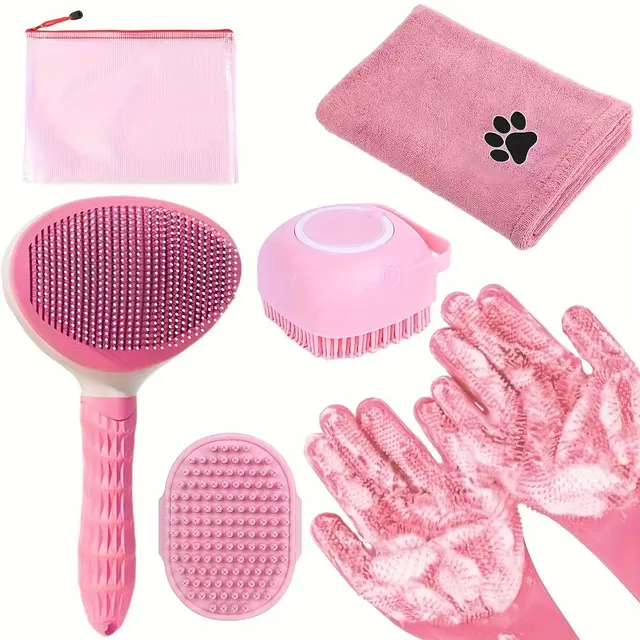 Pink 6-Piece Dog Grooming Bath Set - Absorbent Microfiber Towels & Wash Mitts for…