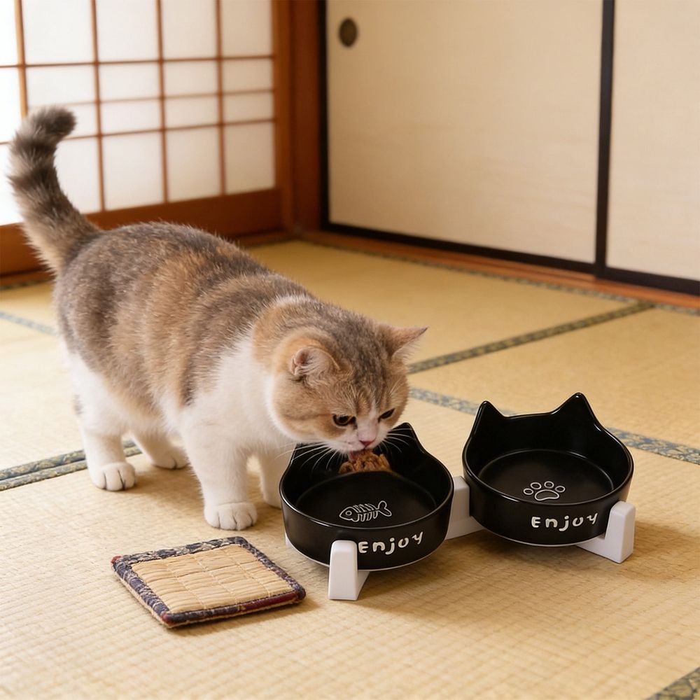 Ceramic Dog and Cat Bowl Set with Wooden Stand Non-Slip Matte Glaze Weighted…, White image 4