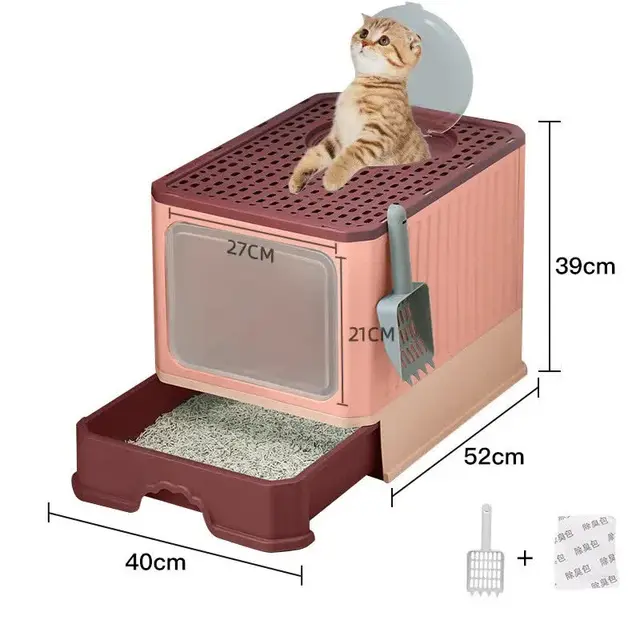 Top-Entry Cat Litter Box with Drawer-Enclosed Design, Pink