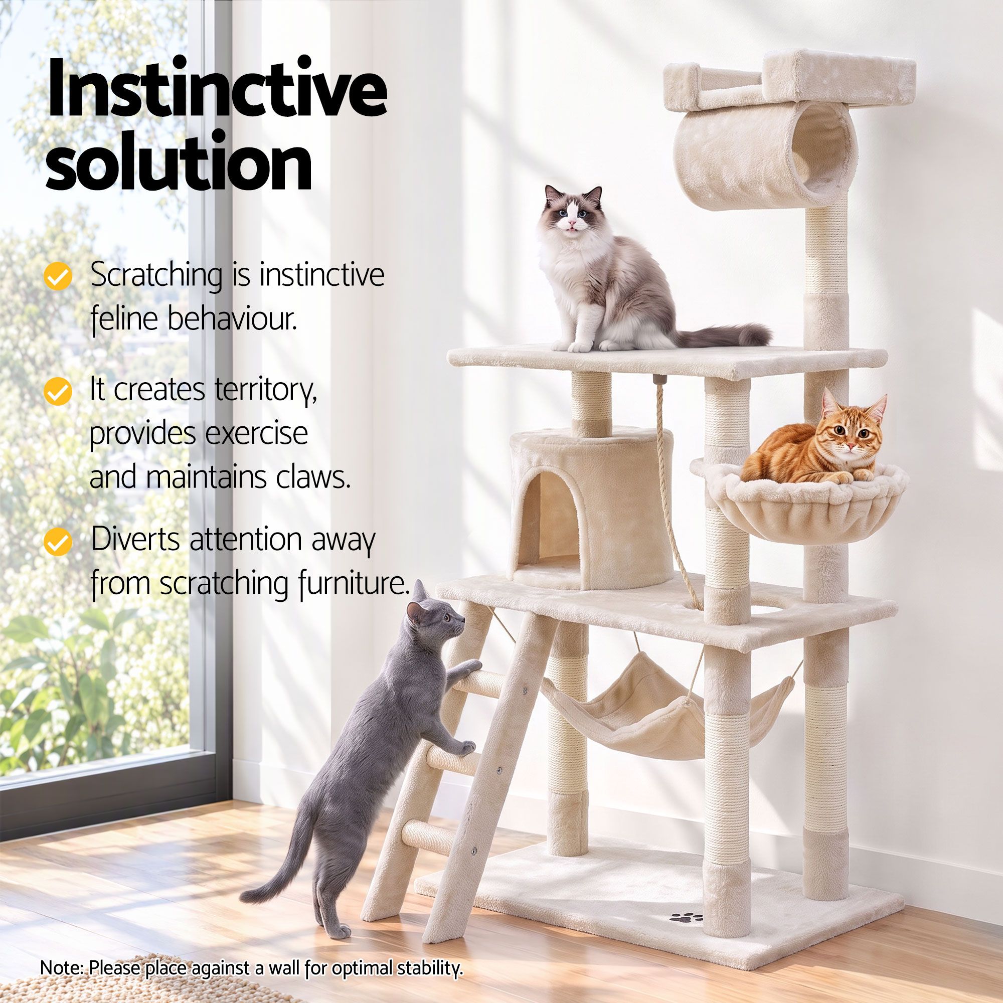 i.Pet Cat Tree 141cm Tower Scratching Post Scratcher Condo Wood House Bed Beige image 6