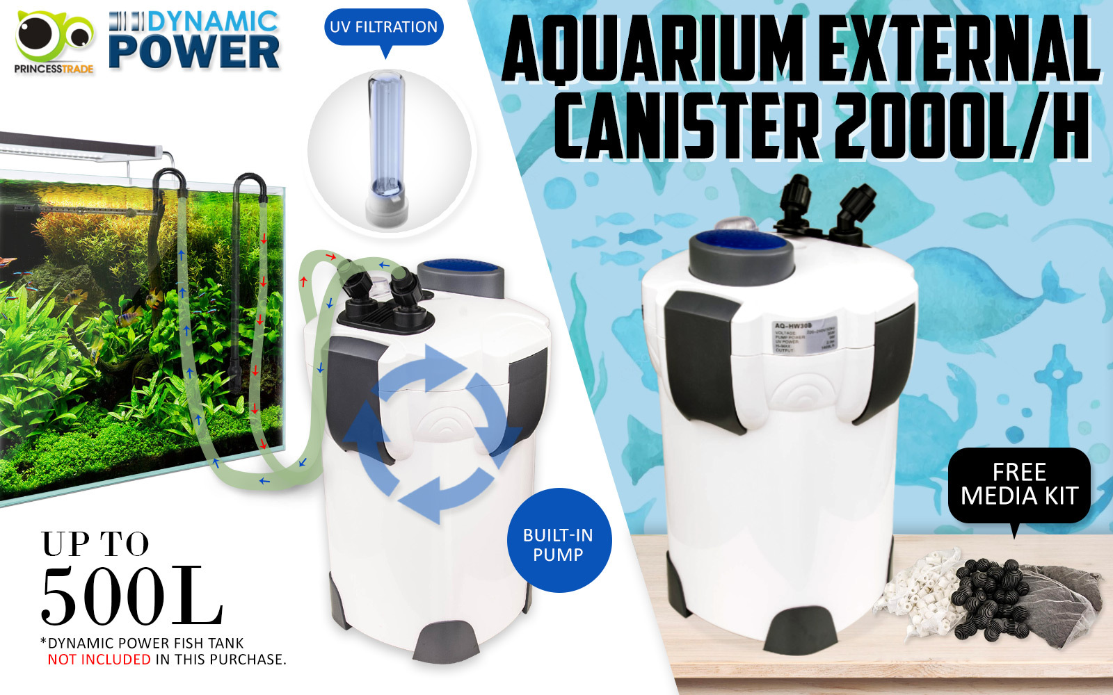 Aquarium UV Light External Canister Filter 2000L/H + Media Kit image 2