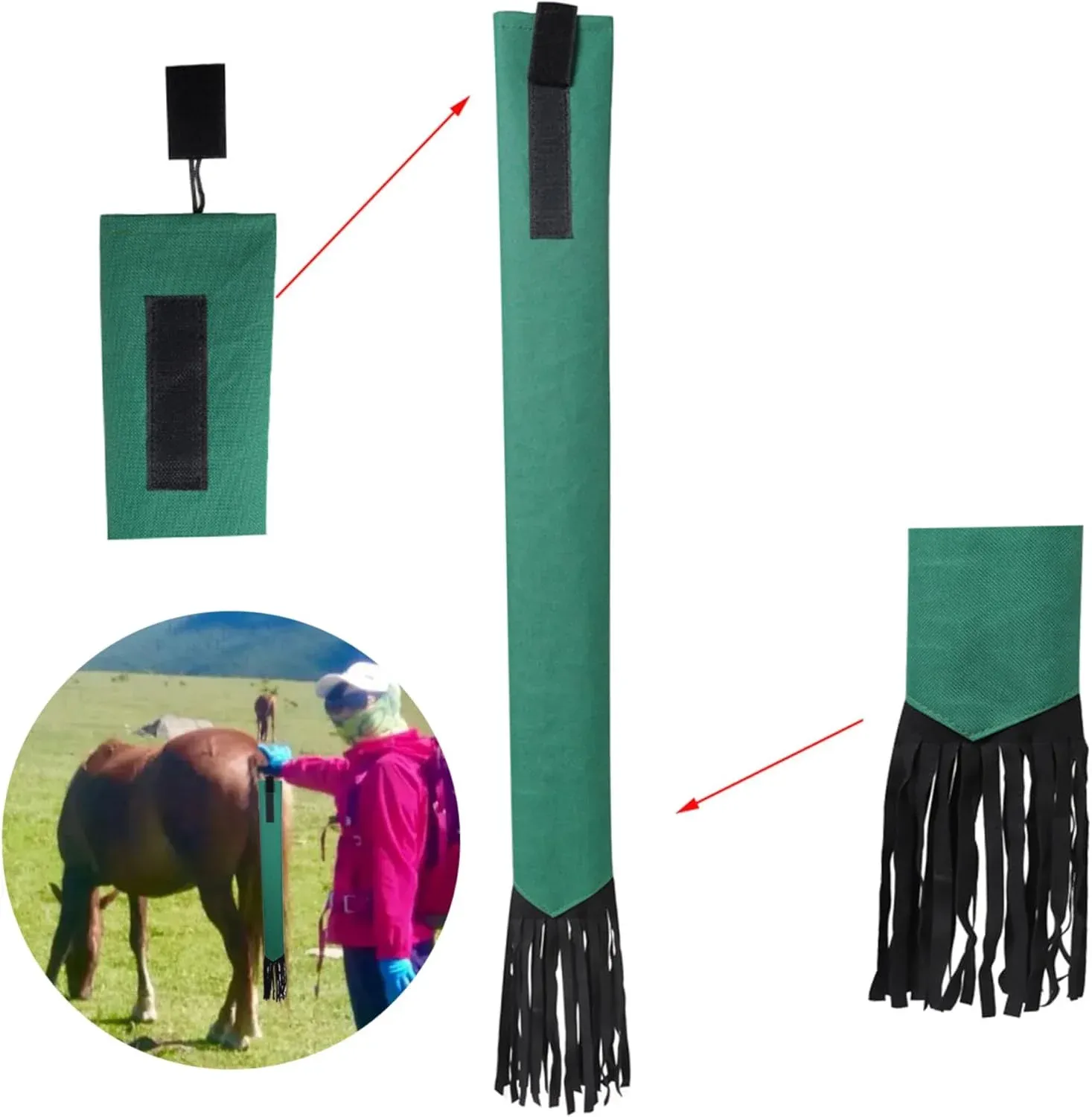 4 Pack Horse Tail Bags, Non Woven Tail Wraps with Fastener Fringe, Black Red Blue Green image 4
