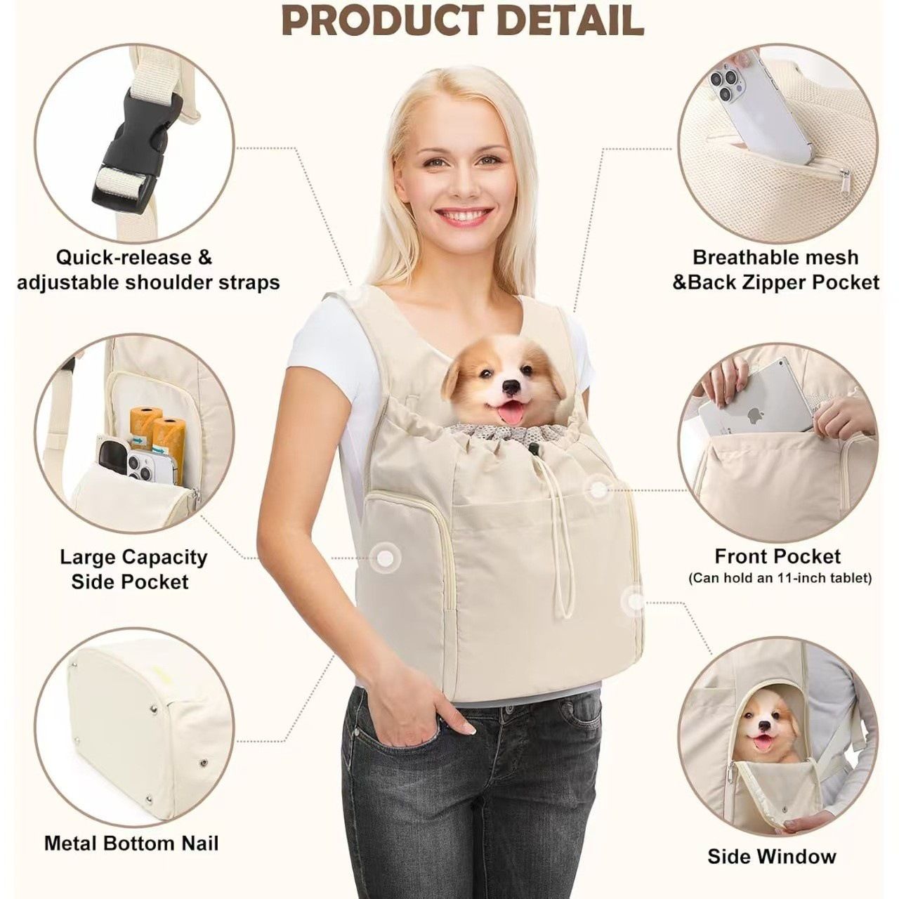 Versatile Front and Back Wearable Pet Carrier Backpack with Breathable Mesh…, Beige image 4