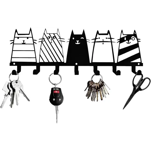 7-Hook Black Metal Cat Wall Rack, Decorative Key, Coat and Accessory Organizer