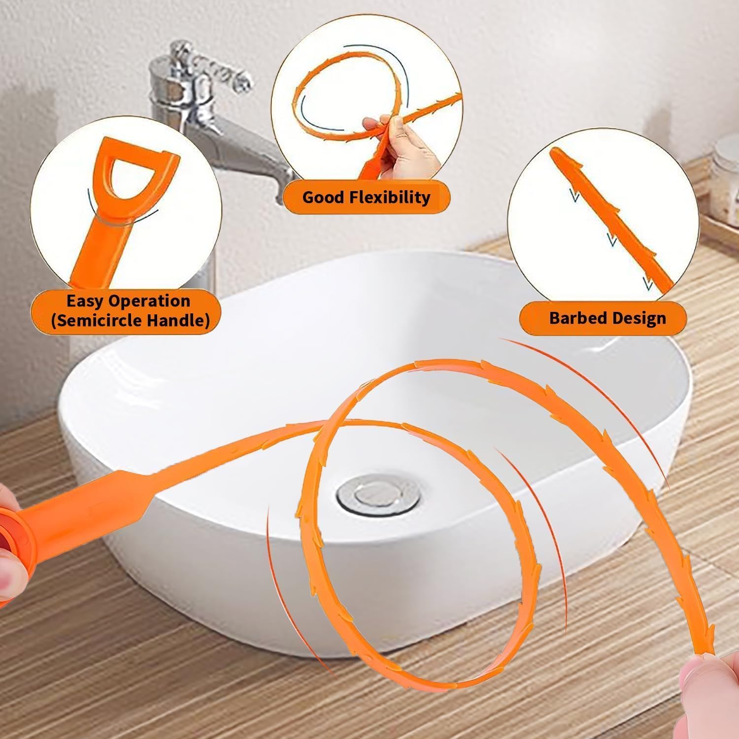 25 Inch Drain Snake Clog Remover:3 Pcs Hair Clog Auger, Orange image 6