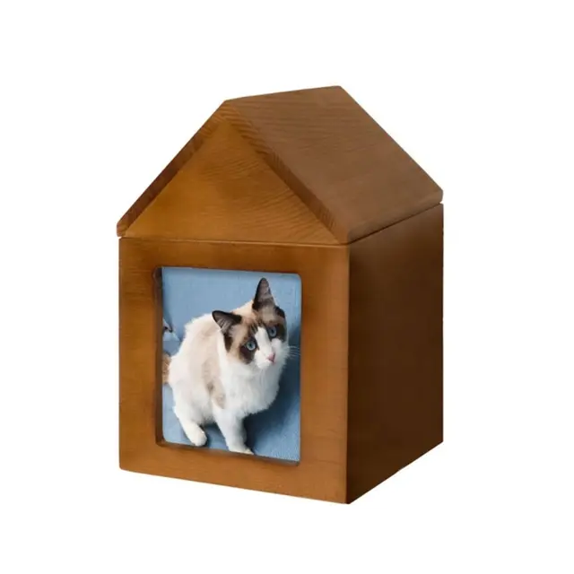 Pet Urn Nostalgia Passing Away Dog Cat Cabin Urn with Photo Frame Pet Coffin - Brown…