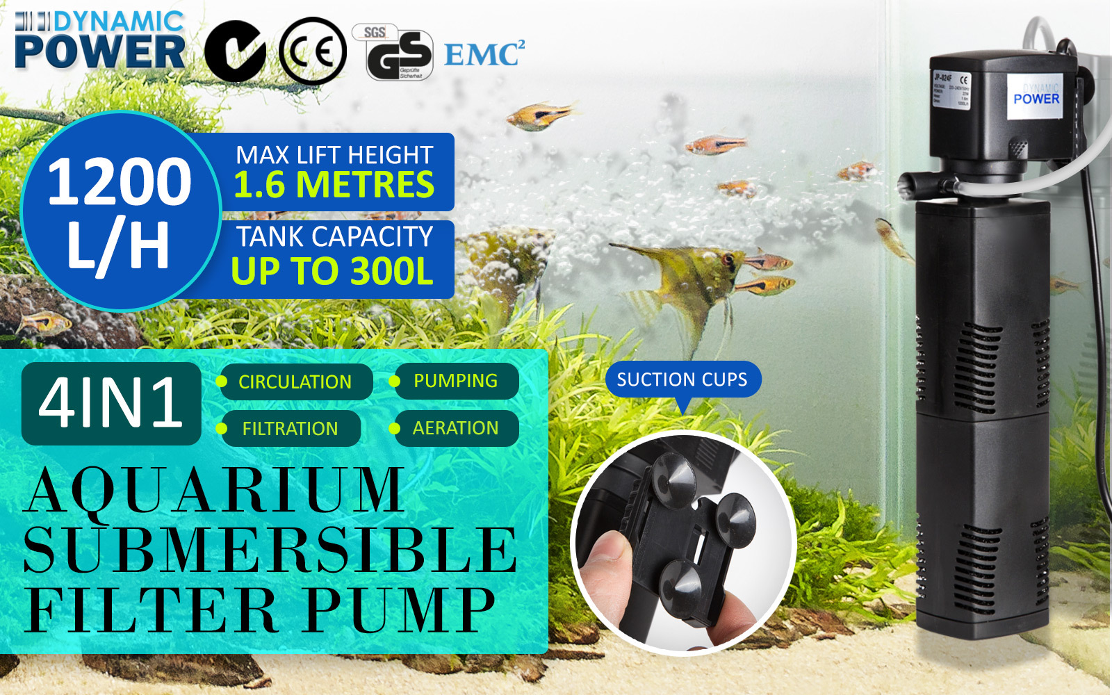 Aquarium Submersible Filter Pond Pump 1200L/H 22W 1.6m image 2