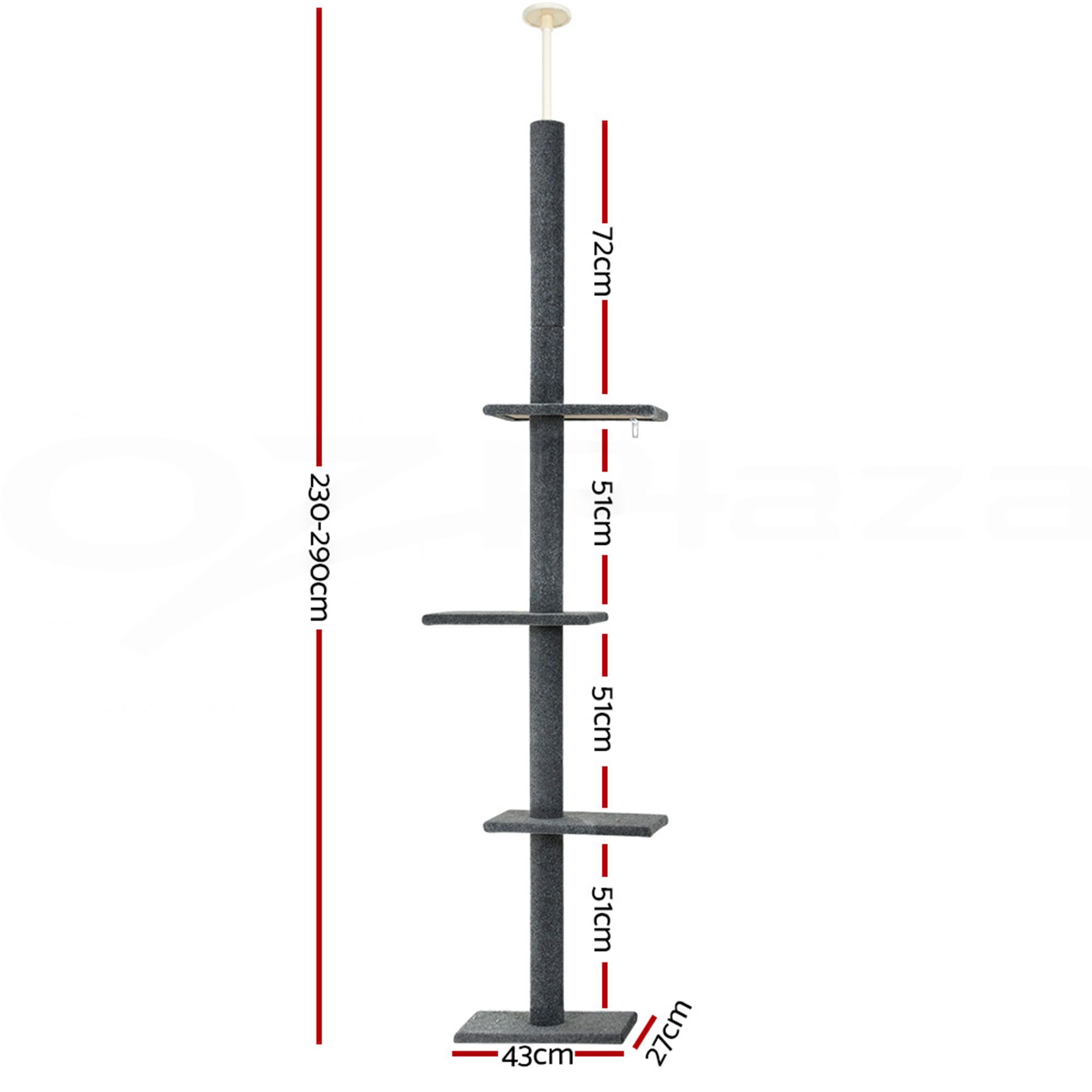 i.Pet Cat Tree 290cm Tower Scratching Post Scratcher Floor to Ceiling Cats Bed Grey image 2
