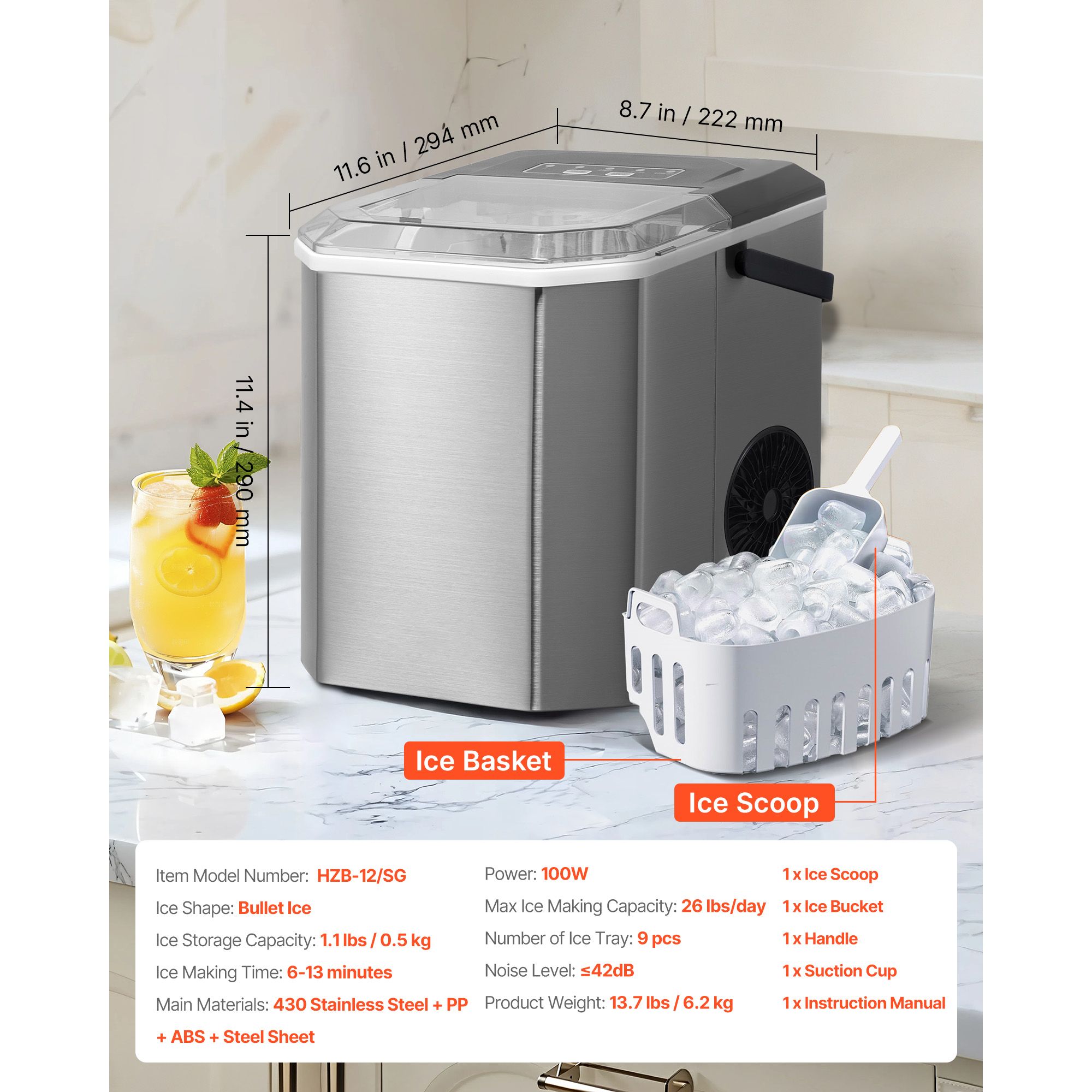 Portable Countertop Ice Maker 26Lbs/24H Self-Cleaning with Scoop Basket image 7