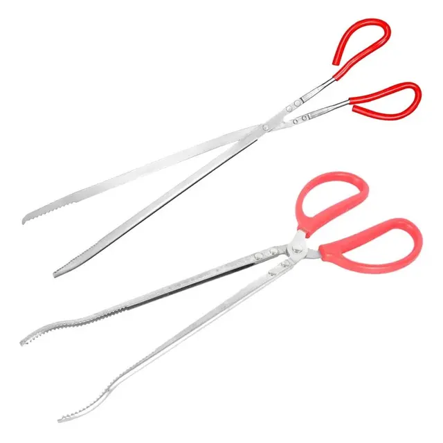 2Pcs Stainless Steel Snake Tongs with Red Ergonomic Handle for Feeding and Capturing