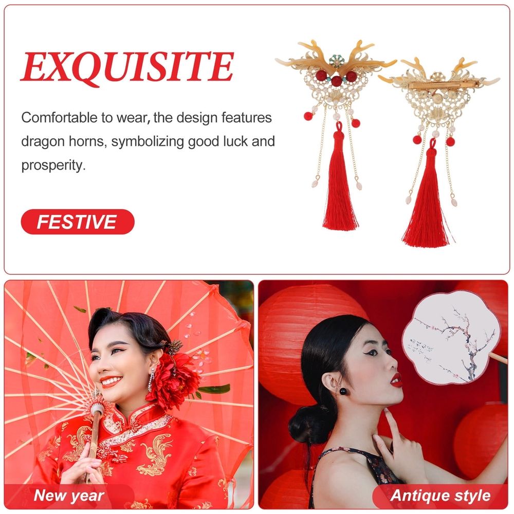 1 Pair Chinese New Year Hair Clips with Dragon Horn and Tassel Design image 3