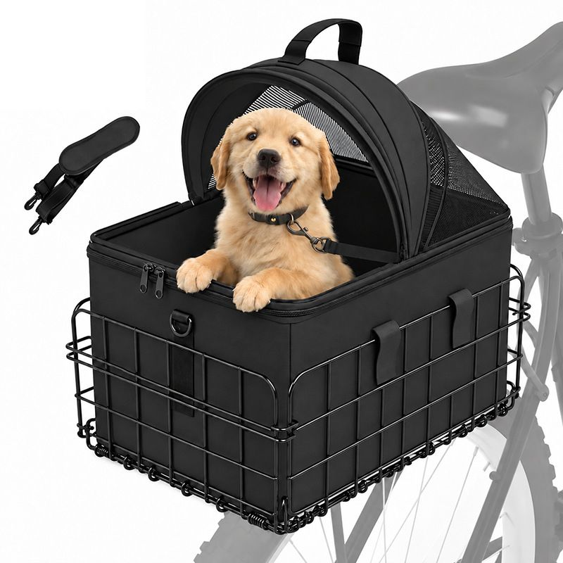 Foldable Bicycle Rear Rack Pet Carrier Bag with Metal Wire Basket, Black image 2